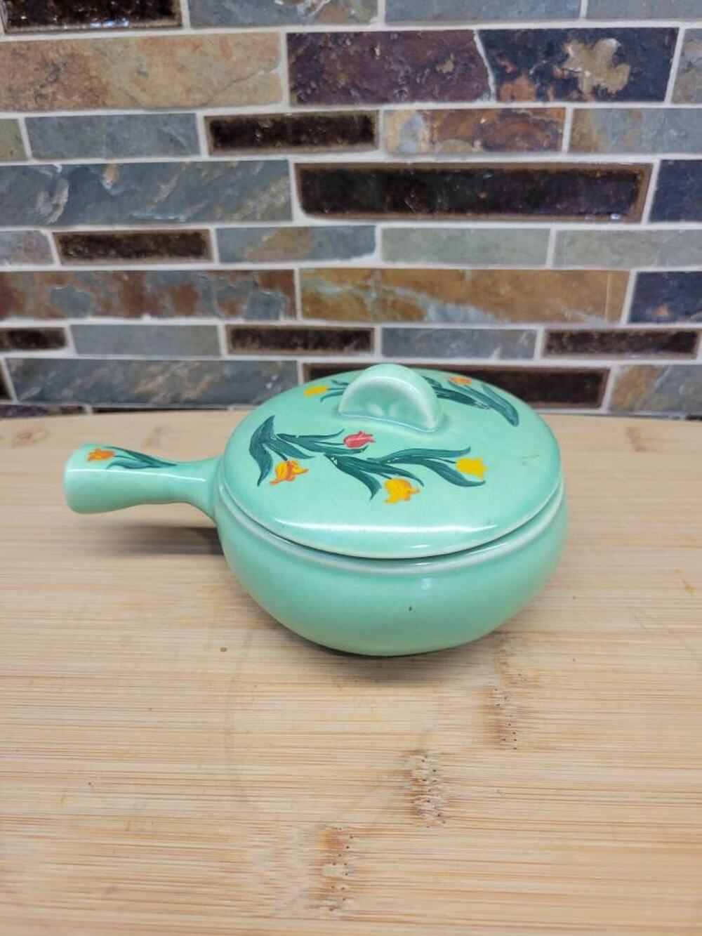 Vintage Cronin Pottery Green Tulip Covered Casserole Dish Handled Soup Crock MCM
